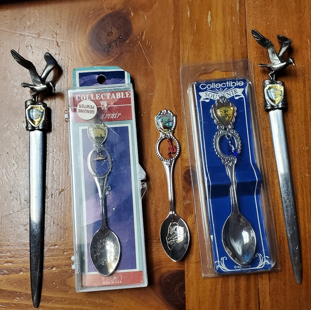 Vintage Souvenir 3 spoons and 2 letter opener military Navy Afb Qty 5 Pieces